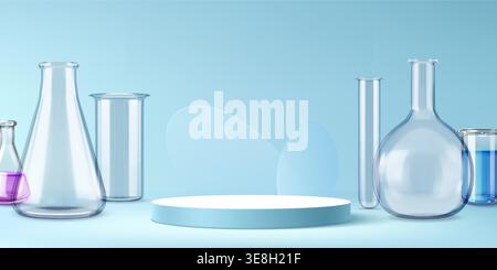 White podium with transparent lab glassware and circles, realistic vector background. Flasks with pink, blue liquids, round geometric platform for laboratory display, presentation Stock Vector