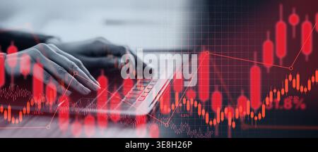 Collage Showing Hands Typing on Keyboard With Stock Market Data and Graphs Stock Photo
