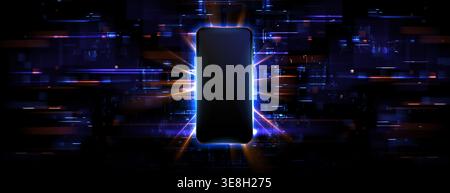 Smartphone mockup and glowing neon blue red laser lines and glitch light effects, abstract vector background. Elegant tech presentation scene with damaged pixels, digital product presentation Stock Vector