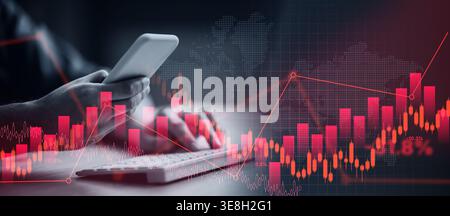 Collage Showing Financial Data, Mobile Device Usage, and Market Analysis Trends in a Modern Setting Stock Photo