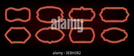 Retro light bulb frames of different shape isolated on black background. Vector realistic illustration set of classic red marquee borders for theater show, night club, casino or movie billboard design Stock Vector