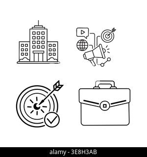 Business and Marketing Icon Set – Office Building, Target, Briefcase, and Digital Promotion Vector Illustration Stock Vector