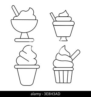 Ice Cream Outline Icon Set – Cup, Bowl, and Dessert Cone Line Art for Summer, Sweet Food, and Minimal Design Stock Vector