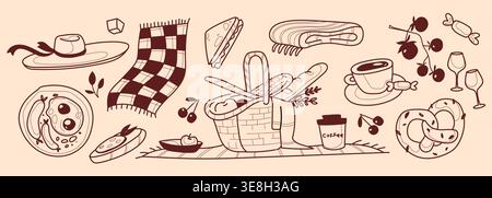 Hand-drawn black picnic sketch items set isolated on background. Vector illustration of food basket, sandwich and pretzel, coffee, tomatoes, sausage and fried eggs for summer breakfast in park Stock Vector