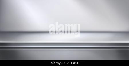 Steel kitchen counter with shiny metal surface. Modern 3D realistic vector background for product display. Empty glossy countertop in grey tones with steel texture and clean design. Stock Vector