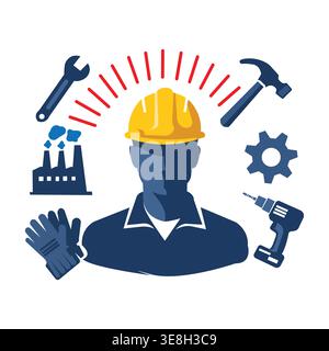 Construction Worker and Tools Icon – Industrial Engineering, Labor Safety, and Building Industry Vector Illustration Stock Vector