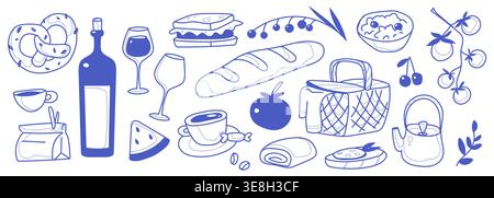 Hand-drawn blue ink picnic sketch items set isolated on white background. Vector illustration of wine bottle and glass, food basket, sandwich and pretzel, coffee and baguette, summer breakfast in park Stock Vector