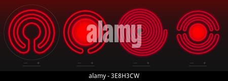 3d realistic electric stove top with glowing red burners, vector illustration. Induction cooktop with black ceramic surface, top view. Kitchen appliance with power regulation icons Stock Vector