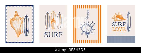 Vintage surf stamp, summer hand drawn coastal posters, set vector illustrations. Retro beach badge design, travel postcards with seashells in minimalist borders, tropical stickers with surfboards Stock Vector
