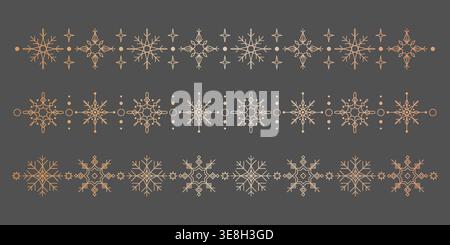 Golden snowflake borders, elegant winter seamless patterns isolated on grey background. Festive snow ornaments, decorative frames for holiday greeting cards, Christmas banners, and New Year designs. Stock Vector