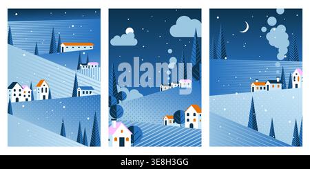Winter geometric landscape cards, abstract vector backgrounds with mountains and snowy village houses, night blue sky with crescent and stars. Seasonal posters, christmas postcard artworks Stock Vector