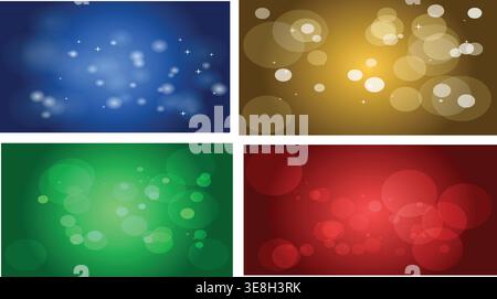Vibrant Bokeh Light Backgrounds Collection: Abstract glowing circles in blue, gold, green, and red for festive and magical designs. Stock Vector