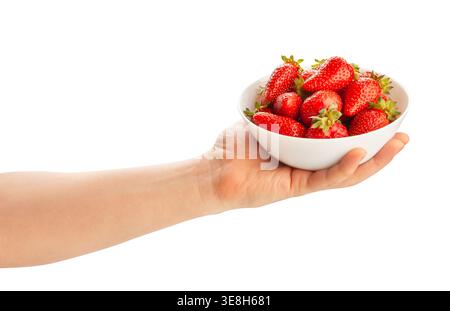 strawberry bowl in hand path isolated on white Stock Photo