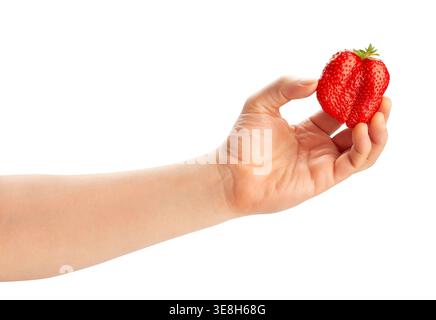 giant strawberry in hand path isolated on white Stock Photo