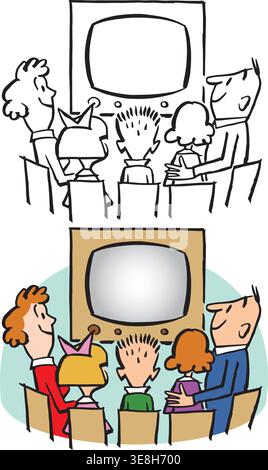 A vintage retro cartoon of a family watching a television show together. Stock Vector