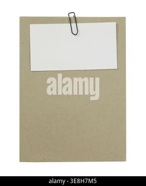 Empty business card, note paper, black clip on brown craft Greeting card isolated on Transparent Background. Stationery Mockup, Copy Space. Office Stock Photo