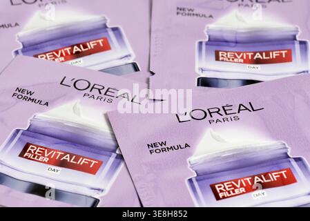 Revitalift filler day cream by L'Oreal Paris, free samples packaging detail Stock Photo