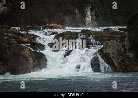View of the powerful Rhine Falls cascading over moss-covered rocks, creating a dramatic display of nature's force, Neuhausen am Rheinfall, Switzerland Stock Photo