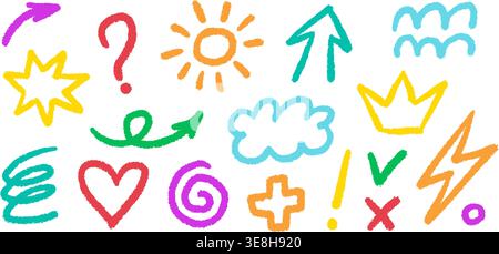 Crayon chalk pencil line elements set. Doodle cute sun and cloud. Sketch arrow and heart. Marker lightning. Kid crayon drawing. Vector illustration Stock Vector