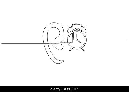 Continuous line drawing of an ear and alarm clock on white background time listening Stock Vector