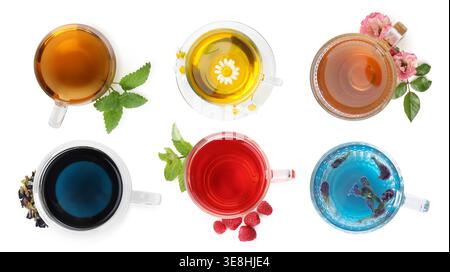 Different types of tea in cups isolated on white, set. Top view Stock Photo