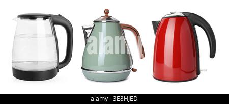 Different electric kettles isolated on white, set Stock Photo