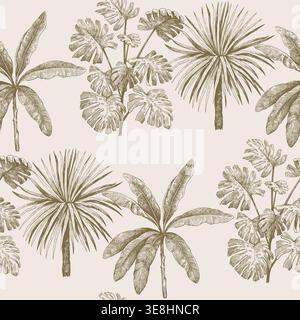Seamless pattern with tropical plants, palms and monstera. Vector print with hand-drawn ink illustrations. Stock Vector