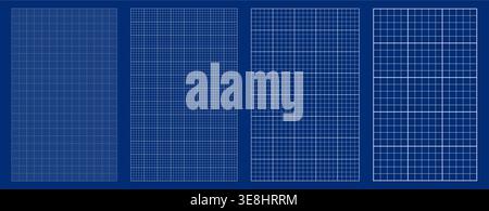 Blueprint grid set millimeter dot cell geometry, four scale variations. Wide medium dense micro spacing comparison, engineering layouts dashboards notebook pages interface planning systems graphics. Stock Vector