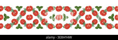 Seamless border of tomato cherry and basil. Vector hand drawn food illustration for kitchen menu and restaurant template. Cartoon repeat rosemary twig drawing perfect for washi tape product design. Stock Vector