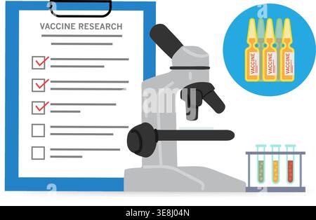 Flat vector illustration of a microscope, vaccine vials, and a research checklist in a scientific laboratory setting. Stock Vector