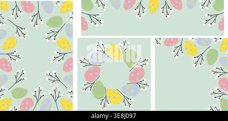 Big Set of Easter post templates. Circle Top Corner and Rectangular Frames of Sprigs and Easter Eggs. Copy space. Vector illustration Easter Promo or greeting posts template, banner, leaflets, labels Stock Vector