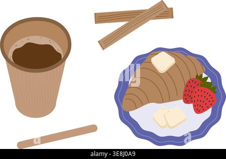 Morning coffee paper cup and croissant with butter and strawberries on wavy plate Breakfast design. Isolated Vector illustration Motivation or Bakery Themed Card, post, banner, leaflet, menu cafe, tag Stock Vector