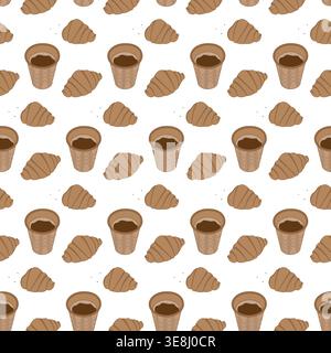 Croissants and Coffee in disposable cup Seamless pattern Coffee Day or Thematic Minimalist Backdrop. Isolated Vector illustration Wrapping Product Backdrop leaflets, banner, price tag, poster, labels Stock Vector