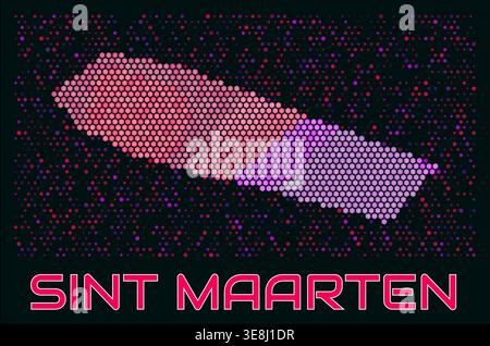 Sint Maarten digital style hexagon map. Vibrant magenta purple pink neon dotted shape. Country tiny bright hexagon cells. Stock Vector