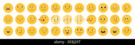 Different facial expressions various emojis emotions happiness, sadness surprise set. Abstract cute expressive emojis faces. Playful characters with eyes smiling or sad emotions face icons expressions Stock Vector