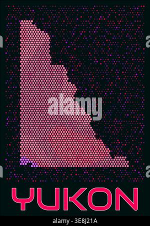 Yukon digital style hexagon map. Vibrant magenta purple pink neon dotted shape. Province tiny bright hexagon cells. Yukon honeycomb map design. Stock Vector