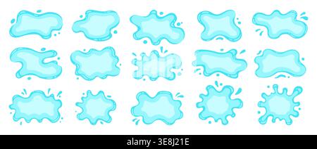 Liquid shapes and frames with uneven wavy edges set. Fluid puddles, splashes, drops blobs blue stains. Rounded organic forms. Smooth glossy blotches, soft spills drips abstract shapes text backgrounds Stock Vector