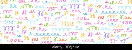 Seamless wavy swirl line pattern crayon scribble set. Flowing chalk, pencil curves and continuous squiggle strokes. Doodle lines forming undulating abstract curvy stripes. Decorative border linework Stock Vector