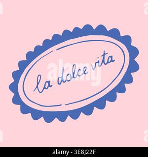 Vector illustration of an oval decorative plate with hand written Italian text in a blue frame. Charming doodle graphic of a souvenir dish for Stock Vector