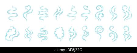 Steam and smoke icon set hand drawn doodle line set. Flowing swirls and curved lines representing aroma waves air scent. Minimal linear symbols soft motion, abstract vapor shapes and dynamic fluid Stock Vector