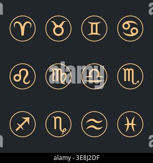 Set of twelve zodiac signs designed in clean minimalist line style with elegant golden color on dark background. Premium astrology symbol collection p Stock Vector