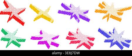 Colorful bitmap halftone star set. Pixelated spark-shaped design element pack for banner, poster, leaflet, sticker, collage. Dither 3d raster shape collection. Retro Y2K 8 bit effect bundle. Vector Stock Vector