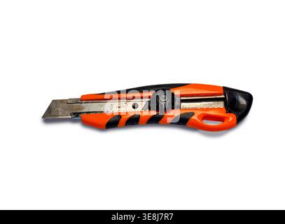 Industrial Orange Utility Knife with Retractable Snap-Off Blade Isolated on White Background Stock Photo