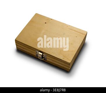 Closed Light Wood Box with Metal Latch Isolated on White Background Stock Photo