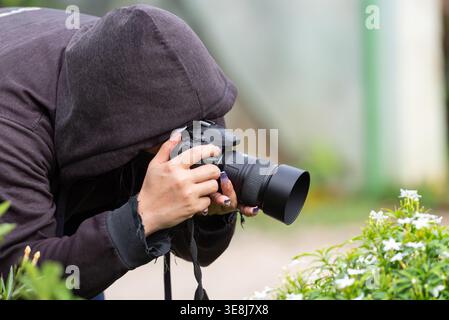 Person using camera taking close up photo of flowers in garden natural light outdoor photography hobby creative focus and artistic lifestyle Stock Photo