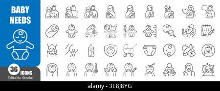 Set of baby needs and postnatal care line icons. Includes newborn care, breastfeeding, family bonding, pediatric checkups, and infant essentials. Edit Stock Vector