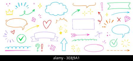 Hand drawn cute frame, arrow, star line set. Frame line hand drawn arrow doodle icon star border rectangle underline. Cute vintage heart bow lace sketch sticker label design. Vector illustration Stock Vector