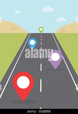 Flat Roadmap Navigation with GPS Location Pins on Highway Landscape Stock Vector