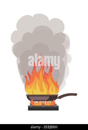 Flat Cooking Pan on Fire with Smoke Illustration Kitchen Accident Concept Stock Vector