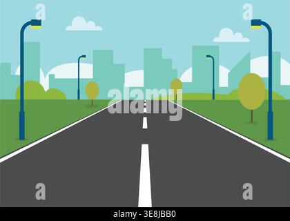 Flat design of a straight empty road through the countryside with a city in the background. Stock Illustration Stock Vector
